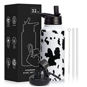 clqfdt 32oz cow print vacuum insulated stainless steel water bottles with straw & spout lids, double wall sport bottle, sweat-proof bpa free, canteen metal thermo mug hydro cup jug (cow print)