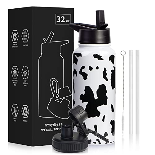 CLQFDT 32oz Cow Print Vacuum Insulated Stainless Steel Water Bottles with Straw & Spout Lids, Double Wall Sport Bottle, Sweat-Proof BPA Free, Canteen Metal Thermo Mug Hydro Cup Jug (Cow Print)