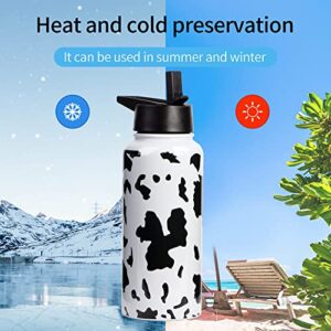 CLQFDT 32oz Cow Print Vacuum Insulated Stainless Steel Water Bottles with Straw & Spout Lids, Double Wall Sport Bottle, Sweat-Proof BPA Free, Canteen Metal Thermo Mug Hydro Cup Jug (Cow Print)