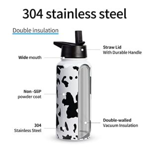 CLQFDT 32oz Cow Print Vacuum Insulated Stainless Steel Water Bottles with Straw & Spout Lids, Double Wall Sport Bottle, Sweat-Proof BPA Free, Canteen Metal Thermo Mug Hydro Cup Jug (Cow Print)