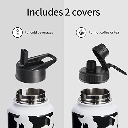 CLQFDT 32oz Cow Print Vacuum Insulated Stainless Steel Water Bottles with Straw & Spout Lids, Double Wall Sport Bottle, Sweat-Proof BPA Free, Canteen Metal Thermo Mug Hydro Cup Jug (Cow Print)
