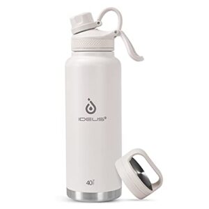 ideus insulated stainless steel water bottle with 2 leak-proof lids, thermal water flask for hiking biking, 40oz, white