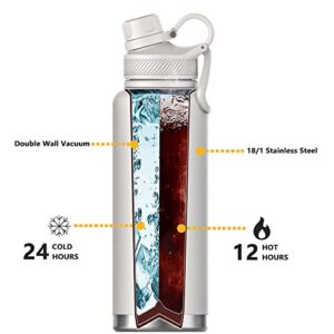 IDEUS Insulated Stainless Steel Water Bottle with 2 Leak-Proof Lids, Thermal Water Flask for Hiking Biking, 40oz, White