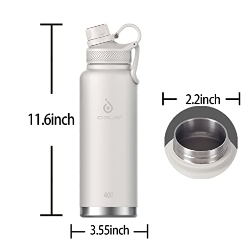 IDEUS Insulated Stainless Steel Water Bottle with 2 Leak-Proof Lids, Thermal Water Flask for Hiking Biking, 40oz, White