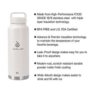 IDEUS Insulated Stainless Steel Water Bottle with 2 Leak-Proof Lids, Thermal Water Flask for Hiking Biking, 40oz, White