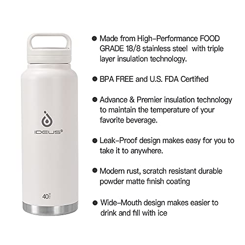 IDEUS Insulated Stainless Steel Water Bottle with 2 Leak-Proof Lids, Thermal Water Flask for Hiking Biking, 40oz, White