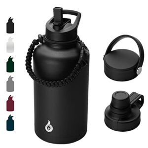 bjpkpk half gallon insulated water bottles with straw lid,64oz large water bottle,stainless steel water bottles with 3 lids and paracord handle, water bottle for hot & cold liquid, black