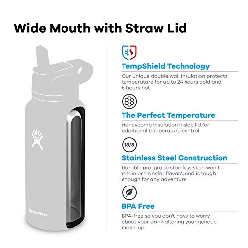 Hydro Flask Wide Mouth Straw Lid - Stainless Steel Reusable Water Bottle - Vacuum Insulated, Dishwasher Safe, BPA-Free, Non-Toxic