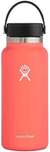 hydro flask water bottle – stainless steel & vacuum insulated – wide mouth 2.0 with leak proof flex cap – 32 oz, hibiscus