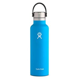 hydro flask water bottle 621 ml (21 oz), stainless steel & vacuum insulated, standard mouth with leak proof stainless steel cap, pacific