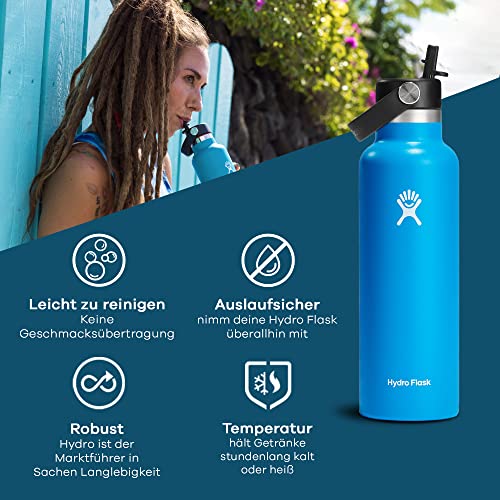 HYDRO FLASK - Water Bottle 621 ml (21 oz) with Flex Straw Cap - Vacuum Insulated Stainless Steel Reusable Water Bottle - Leakproof Lid - Hot and Cold Drinks - Standard Mouth - BPA-Free - Pacific