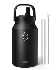 buzio 64oz insulated water bottle with straw lid, half gallon double wall vacuum insulated stainless steel water bottle, 3.74″ wide mouth bpa-free sweat-proof sports water flask, keep hot cold, black