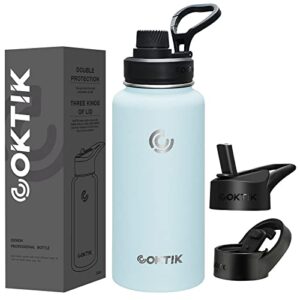 COKTIK 32 oz Sports Water Bottle With Straw,3 Lids, Stainless Steel Vacuum Insulated Water Bottles,Leakproof Lightweight, Keeps Cold and Hot, Great for Travel, Hiking, Biking, Running (FOG)