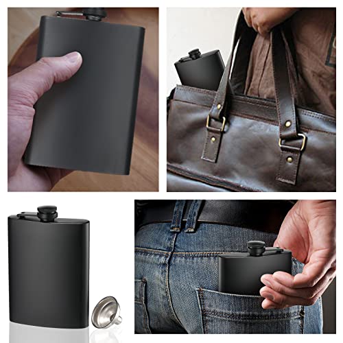 2 Pack Hip Flasks for Liquor, 8 Oz & 12 Oz Stainless Steel Leakproof Thin Flasks with Funnel for Men & Women (Matte Black)