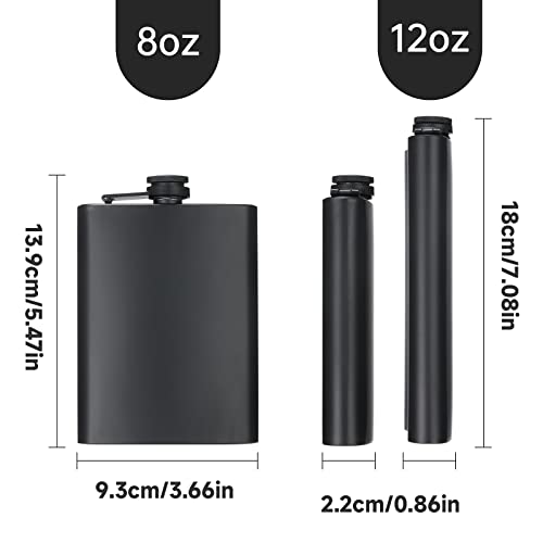 2 Pack Hip Flasks for Liquor, 8 Oz & 12 Oz Stainless Steel Leakproof Thin Flasks with Funnel for Men & Women (Matte Black)