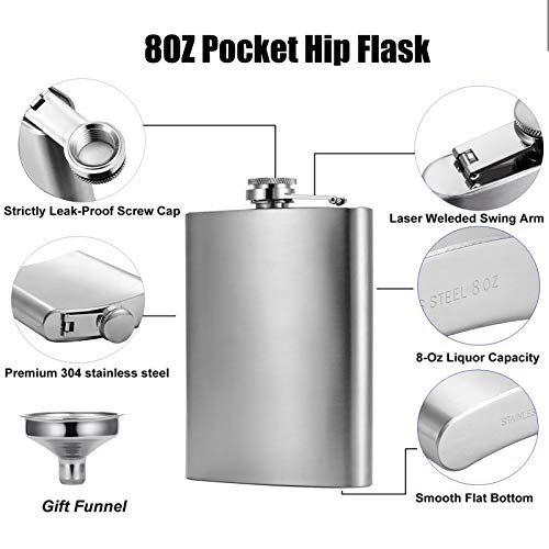 Hillside-Kit Hip Flask for Liquor 8 Oz Stainless Steel Leak proof with Funnel Flask set men flask women flask set (Silver)