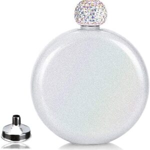 Cute Liquor Flask for Women,Junya Pretty Glitter Coating Whiskey Steel Flasks,Shining Rhinestone Cap,Portable Wine Flask for Drink Wedding Gifts for Women,5 oz (White)