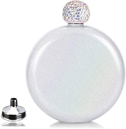 Cute Liquor Flask for Women,Junya Pretty Glitter Coating Whiskey Steel Flasks,Shining Rhinestone Cap,Portable Wine Flask for Drink Wedding Gifts for Women,5 oz (White)