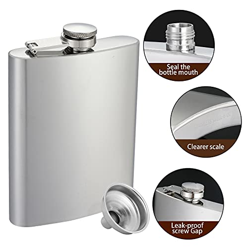 Hip Flasks for Liquor for Men Women 1 pcs 8OZ Silver Stainless Steel Flask with 1 pcs Funnels for Wedding Party Groomsman Bridesmaid Birthdays Gift