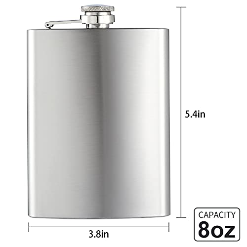 Hip Flasks for Liquor for Men Women 1 pcs 8OZ Silver Stainless Steel Flask with 1 pcs Funnels for Wedding Party Groomsman Bridesmaid Birthdays Gift