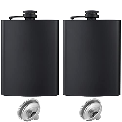 Hip Flasks for Liquor for Men Women 2 pcs 8Oz Matte Black Stainless Steel Flask with 2 pcs Funnels for Wedding Party Groomsman Bridesmaid Birthdays Gift