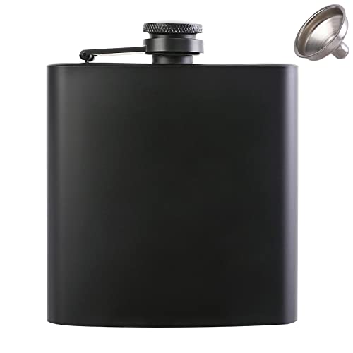 Hip Flask for Liquor 1PCS Black Thin Flasks with Silver Cap 6oz Stainless Steel Leakproof with 1pcs Funnel for Gift, Camping, Wedding Party