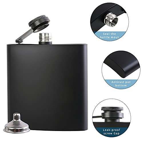 Hip Flask for Liquor 1PCS Black Thin Flasks with Silver Cap 6oz Stainless Steel Leakproof with 1pcs Funnel for Gift, Camping, Wedding Party