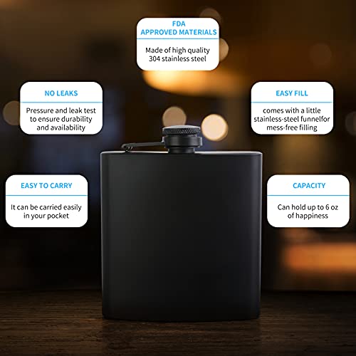 Hip Flask for Liquor 1PCS Black Thin Flasks with Silver Cap 6oz Stainless Steel Leakproof with 1pcs Funnel for Gift, Camping, Wedding Party