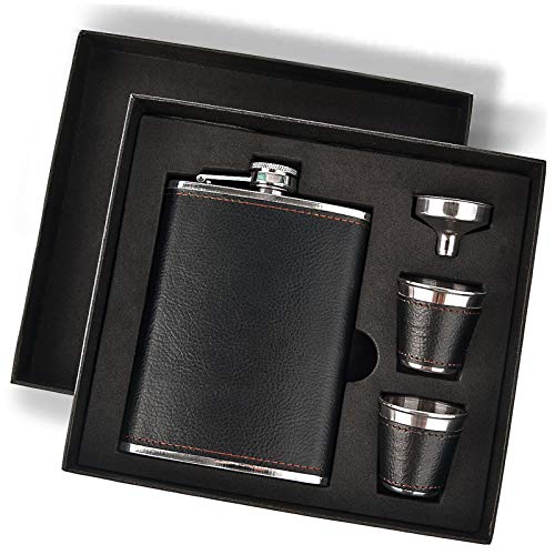 Hip Flask Gift Set, Hip Flasks for Liquor for Men with Black Leather Cover, 8 Oz Hip Flask Set, 18/8 Stainless Steel Hip Flasks for Liquor with 2 Cups & Funnel, Flasks for Liquor for Men Gift Box