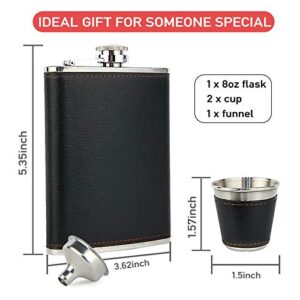 Hip Flask Gift Set, Hip Flasks for Liquor for Men with Black Leather Cover, 8 Oz Hip Flask Set, 18/8 Stainless Steel Hip Flasks for Liquor with 2 Cups & Funnel, Flasks for Liquor for Men Gift Box