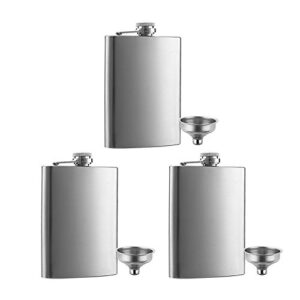3 pcs 8 oz hip stainless steel flask & funnel set by qll, easy pour funnel is included, perfect flask that fits great in jacket pockets and pants
