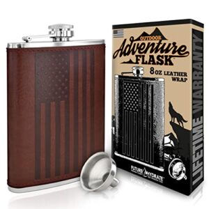 american flag flask – 8 oz premium soft touch leather wrap | 304 highest food grade stainless steel | leak proof slim hip flasks | classic american flag design | bonus funnel