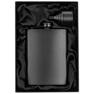 8oz matte black flask + black funnel + black canvas pouch. plain smooth surface. gift idea set, exclusive fancy packaging. alcohol drinking flasks for liquor. gift under 20 dollars. by well-deserved