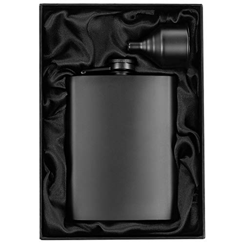 8oz Matte Black Flask + Black Funnel + Black Canvas Pouch. Plain Smooth Surface. Gift Idea Set, Exclusive Fancy Packaging. Alcohol Drinking Flasks For Liquor. Gift Under 20 Dollars. By Well-Deserved