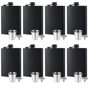 8 pcs flask for liquor for men matte black 8 oz stainless steel leak proof with 8 pcs wine glass 8 pcs funnel used for gift,camping, outdoor activitie,groomsman bridesmaid wedding party