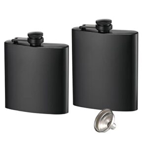 2 pack hip flasks for liquor, 6 oz & 8 oz thin flasks stainless steel leakproof with a funnel for easy pouring for men & women (matte black, 2 hip flasks with 1 funnel)
