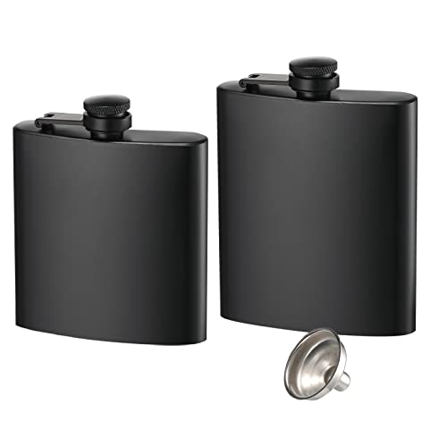 2 Pack Hip Flasks for Liquor, 6 oz & 8 oz Thin Flasks Stainless Steel Leakproof with a Funnel for Easy Pouring for Men & Women (Matte Black, 2 Hip Flasks with 1 Funnel)