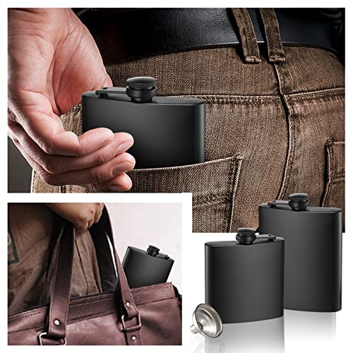 2 Pack Hip Flasks for Liquor, 6 oz & 8 oz Thin Flasks Stainless Steel Leakproof with a Funnel for Easy Pouring for Men & Women (Matte Black, 2 Hip Flasks with 1 Funnel)