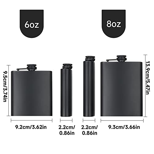 2 Pack Hip Flasks for Liquor, 6 oz & 8 oz Thin Flasks Stainless Steel Leakproof with a Funnel for Easy Pouring for Men & Women (Matte Black, 2 Hip Flasks with 1 Funnel)