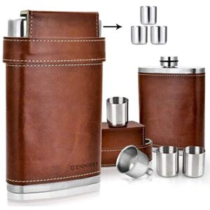 gennissy 304 18/8 stainless steel 8oz flask – brown leather with 3 cups and funnel 100% leak proof