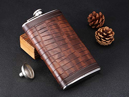 TOX TANEAXON 12 oz Crocodile Leather Pattern Pocket Whiskey Liquor PU Leather Wrapped Flask with Funnel and Premium Box - Stainless steel and Leak Proof