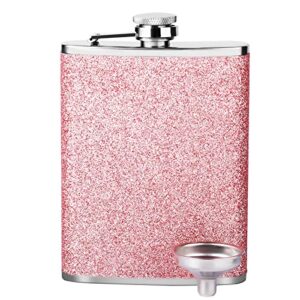 pink flasks for liquor for women 8oz – girls glitter bling pocket decorative flask with funnel 18/8 stainless steel for vodka whisky