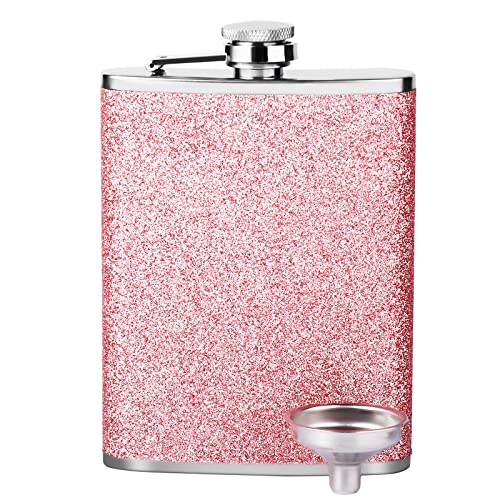 Pink Flasks for Liquor for Women 8OZ - Girls Glitter Bling Pocket Decorative Flask with Funnel 18/8 Stainless Steel for Vodka Whisky