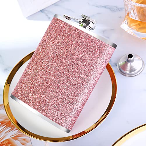 Pink Flasks for Liquor for Women 8OZ - Girls Glitter Bling Pocket Decorative Flask with Funnel 18/8 Stainless Steel for Vodka Whisky