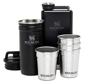 stanley stainless steel shot glass and flask gift set, outdoor adventure pack with 4 metal shot glasses, 8oz whiskey flask, and travel carry case