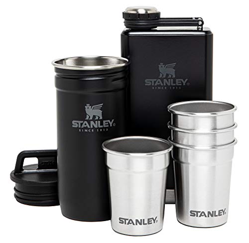 Stanley Stainless Steel Shot Glass And Flask Gift Set, Outdoor Adventure Pack With 4 Metal Shot Glasses, 8oz Whiskey Flask, And Travel Carry Case