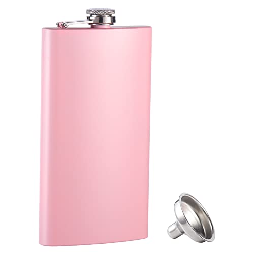 GENNISSY 12oz Pink Hip Flask for Liquor, for Men & Women, 304 18/11 Stainless Steel Leakproof with Funnel,with Never-Lose Metal Cap, Camping Pocket Flask, Ideal for Gift