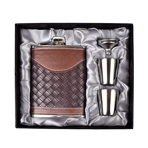 Hip Flasks for Men 8oz Leather Flask Gift Set,LHD HOME 304 Stainless Steel Flask Set w/Funnel Shot Glasses Lovely Gift for Whiskey Rum Groomsman Best Man Usher Wedding Camping-Leather Stripe Black8oz