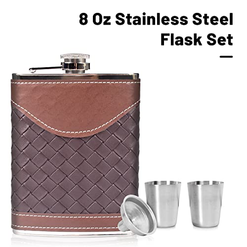 Hip Flasks for Men 8oz Leather Flask Gift Set,LHD HOME 304 Stainless Steel Flask Set w/Funnel Shot Glasses Lovely Gift for Whiskey Rum Groomsman Best Man Usher Wedding Camping-Leather Stripe Black8oz