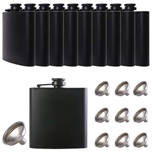 10 pcs hip flask for liquor black 6oz stainless steel leakproof with 10 pcs funnel for gift, camping, wedding party